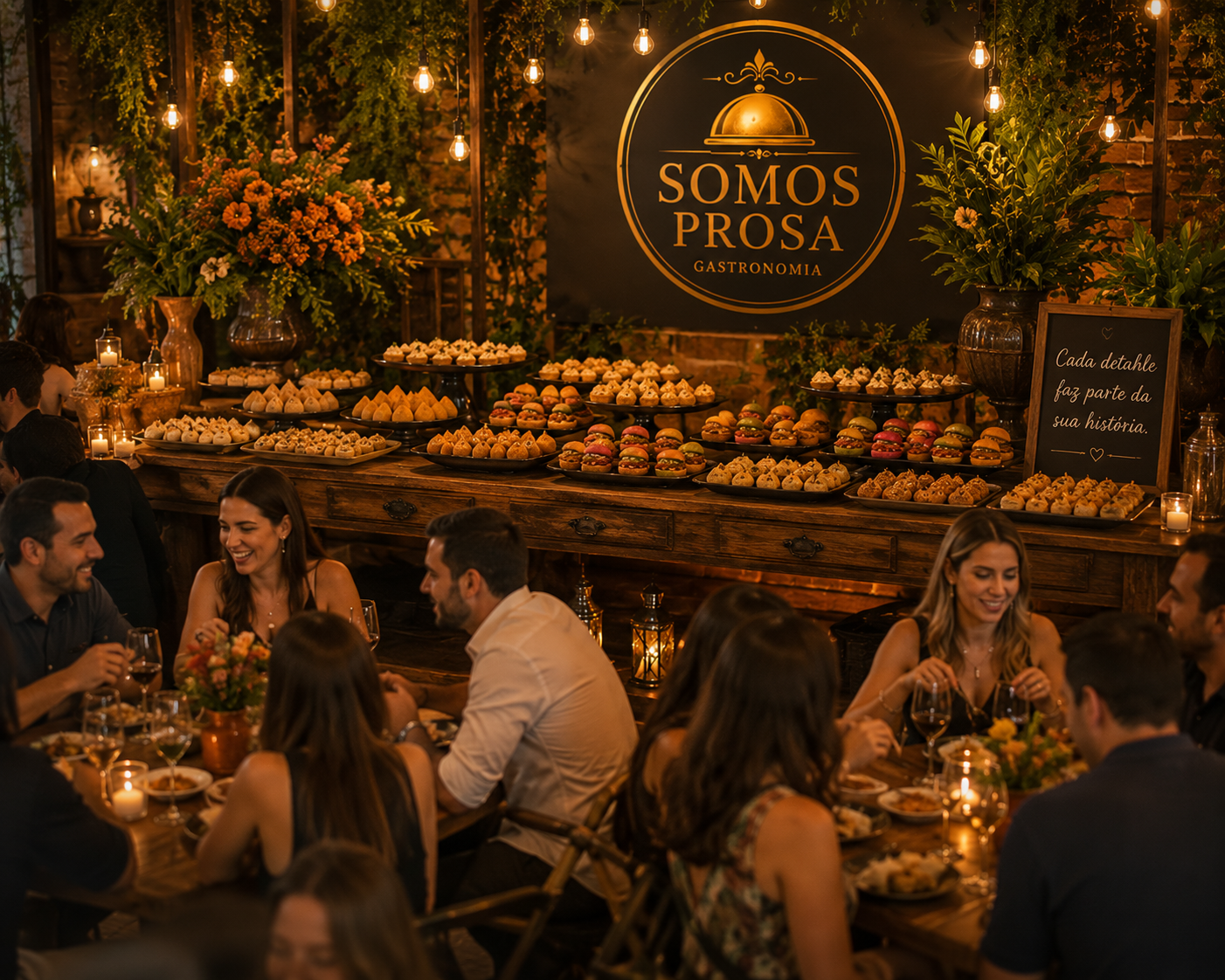 Mesa de evento Somos Prosa com salgados e convidados